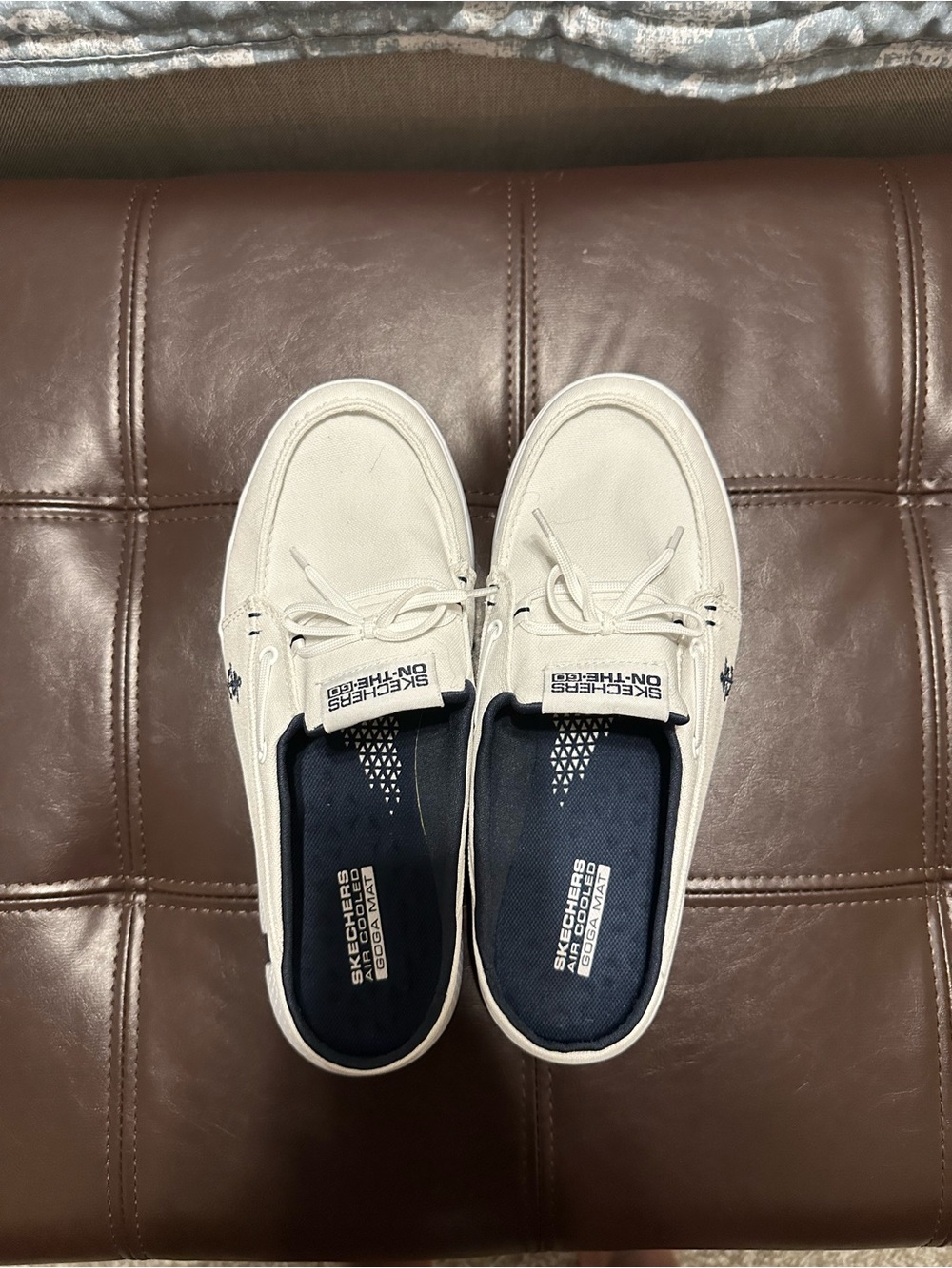 Skechers Women’s Canvas Boat Shoes in Off-White with Navy Insoles